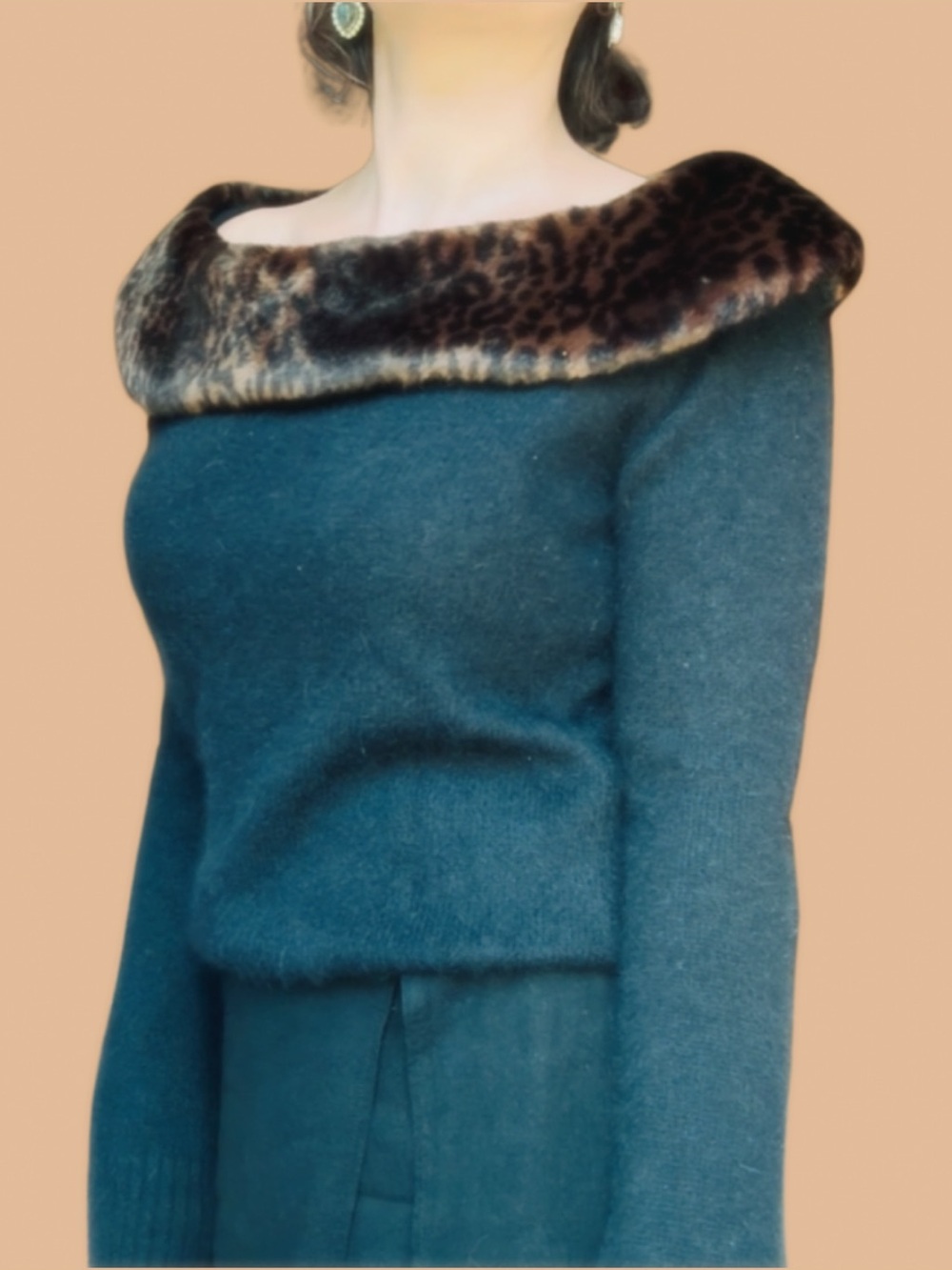 Vintage Newport News Black Angora & Wool Sweater with Fur collar